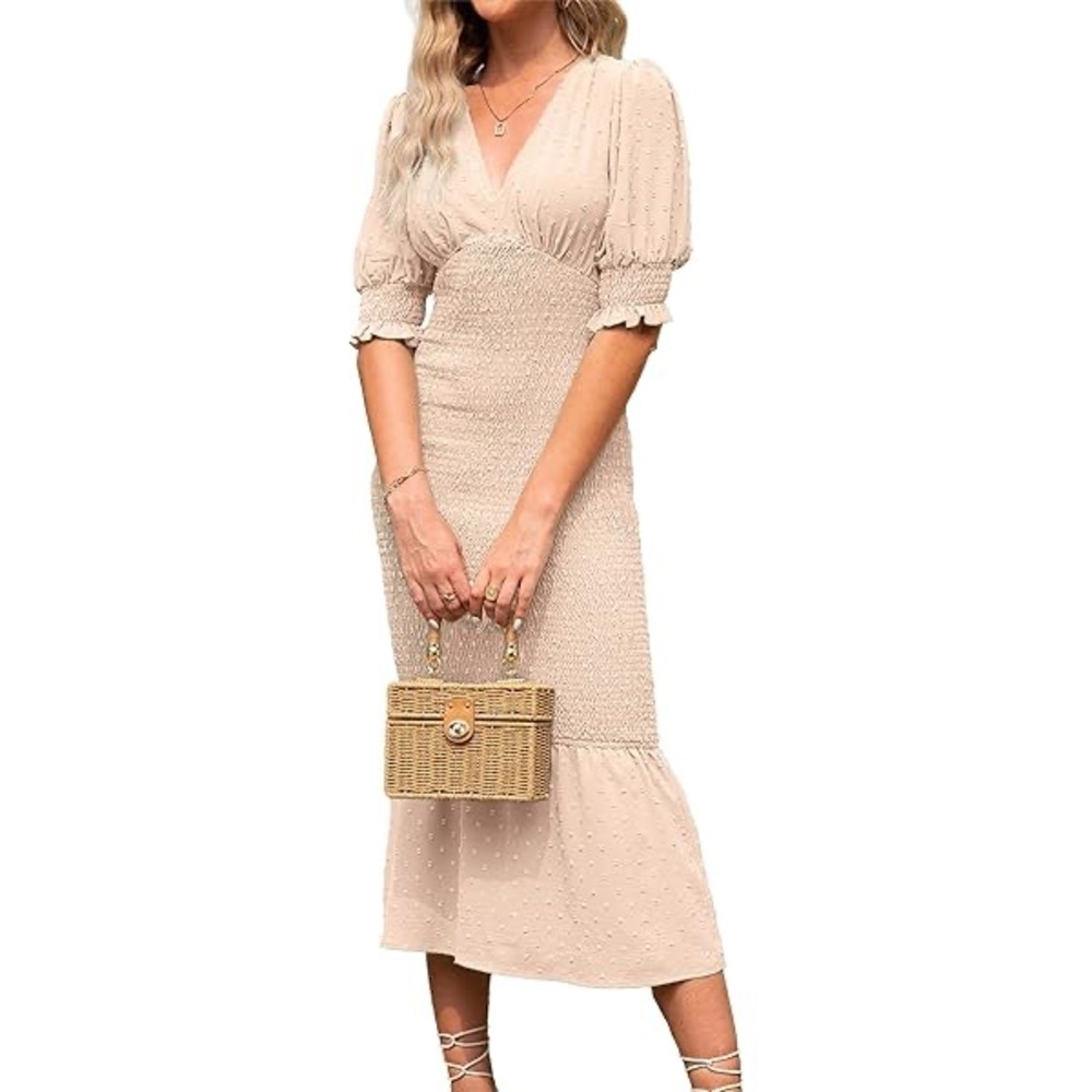 Simplee Apparel Beige Textured Midi Dress